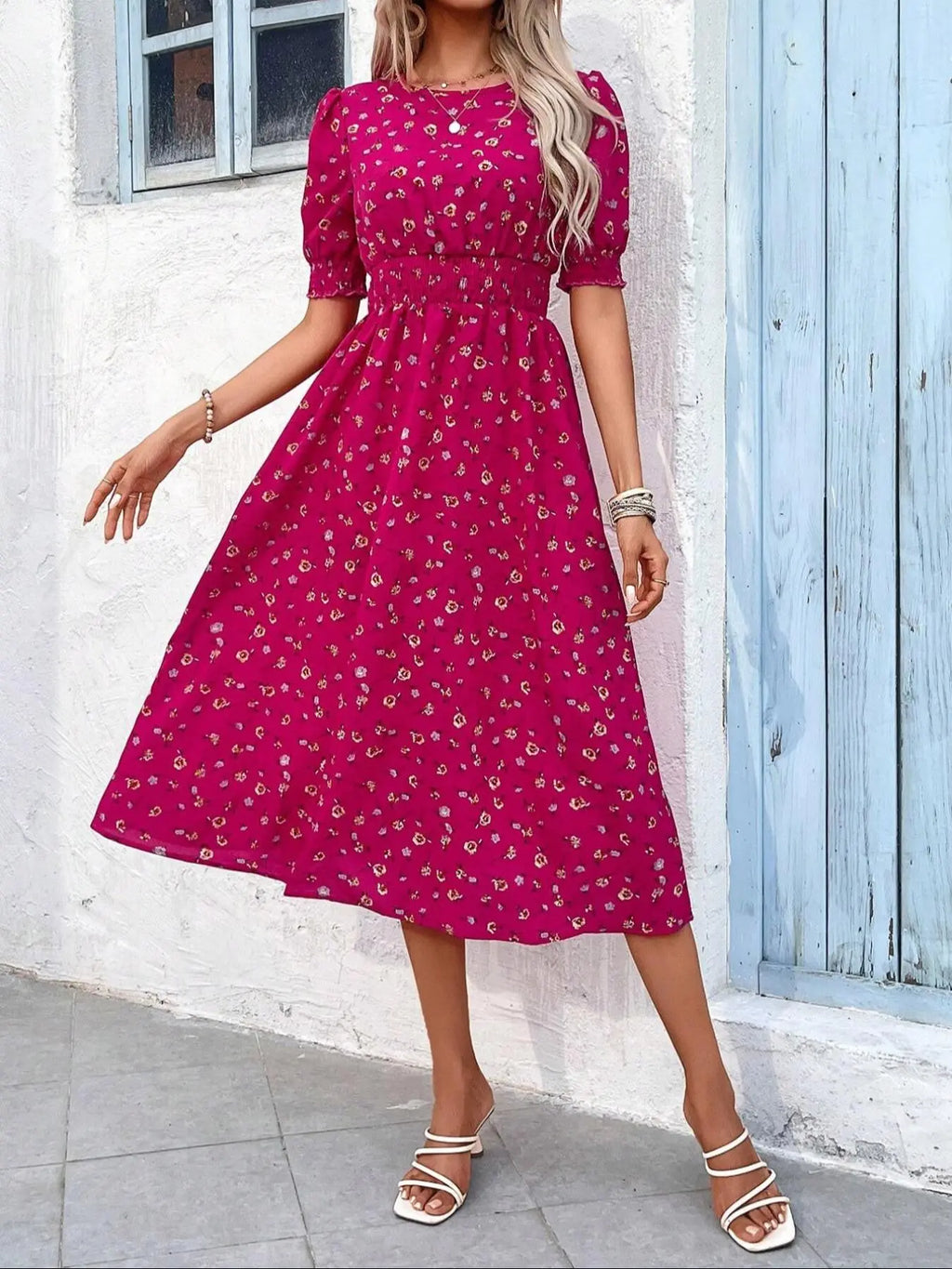 Women'S Floral Print Bubble Hem Dress, round Neck Waist Cinched Design, Boho Style Midi Skirt, Fitted Short Sleeve, All Seasons, Chic