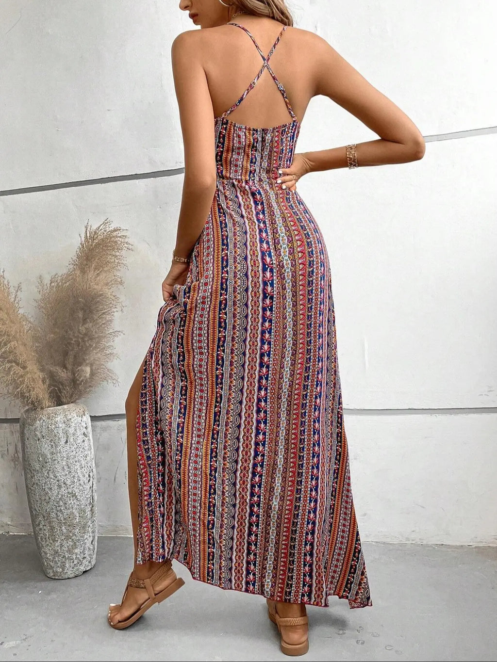 Women'S Printed Split Long Sleeveless Dress, Classic Stripe Design, Backless Criss Cross Strap, Spring Summer Fall Wear, Casual Bohemian Style Womenswear