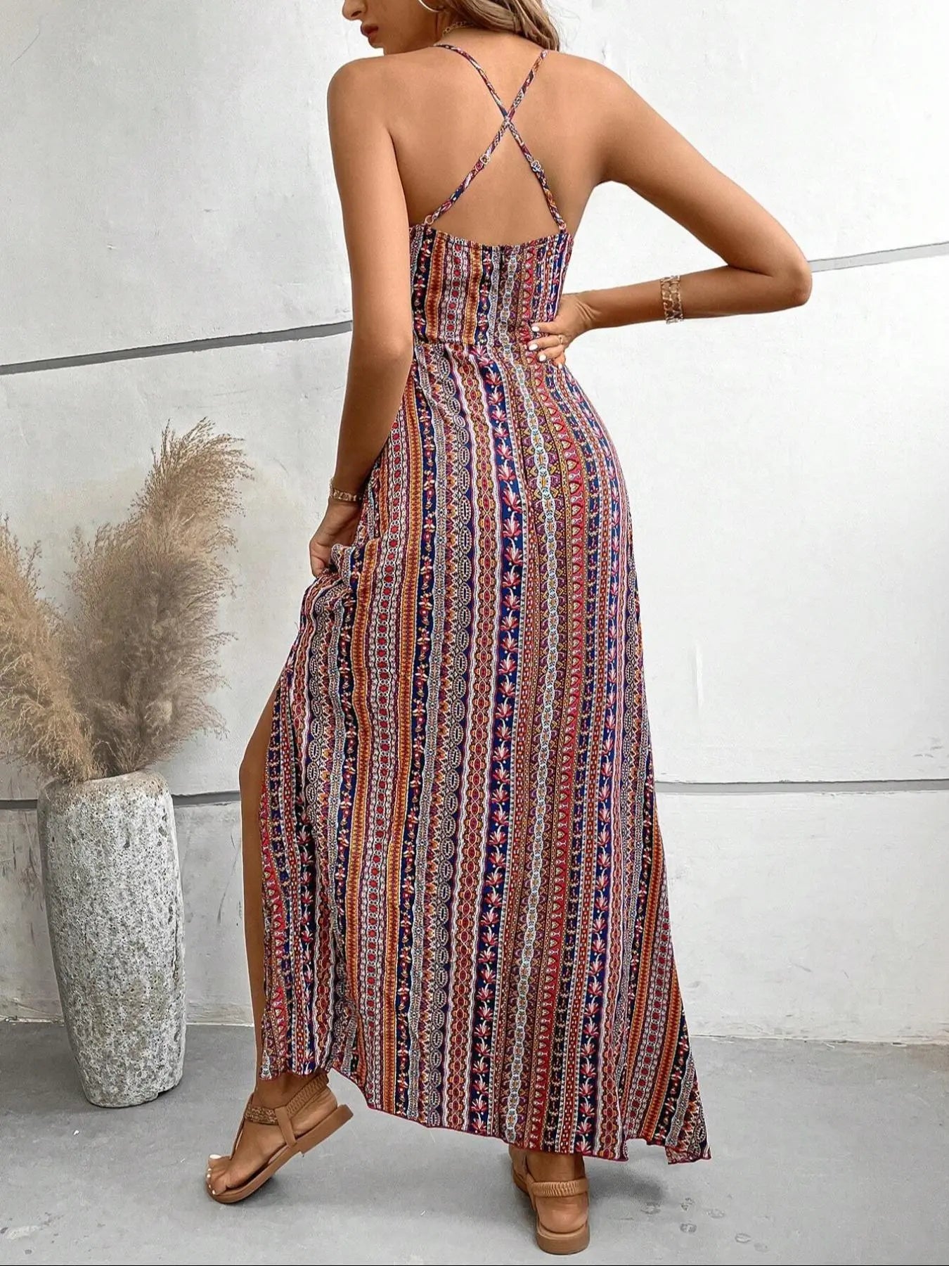 Women'S Printed Split Long Sleeveless Dress, Classic Stripe Design, Backless Criss Cross Strap, Spring Summer Fall Wear, Casual Bohemian Style Womenswear