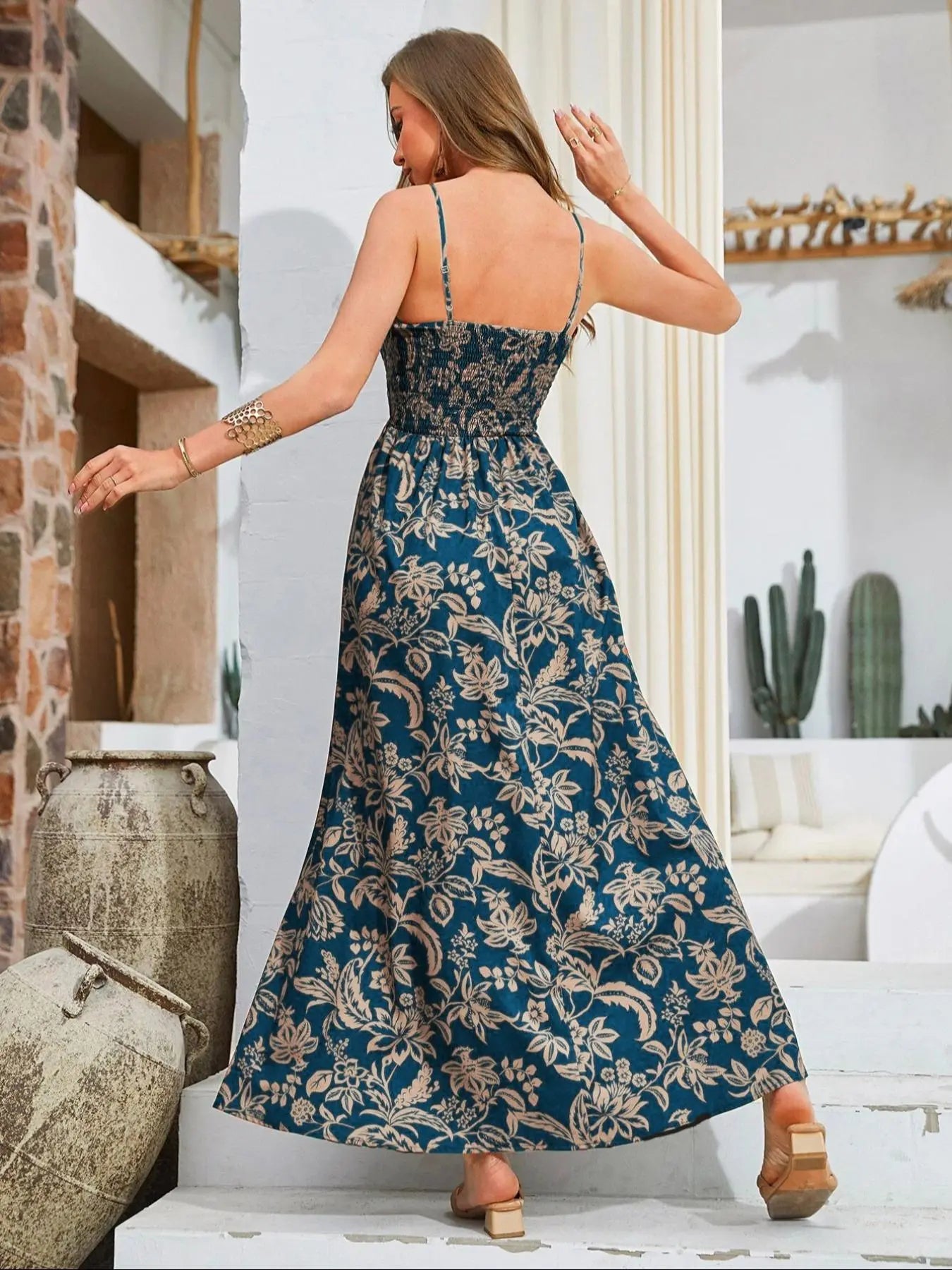 Women'S Floral Print Shirred Waist Maxi Dress, Sleeveless Backless Design, Adjustable Strap, Casual Vacation Wear, Spring Summer