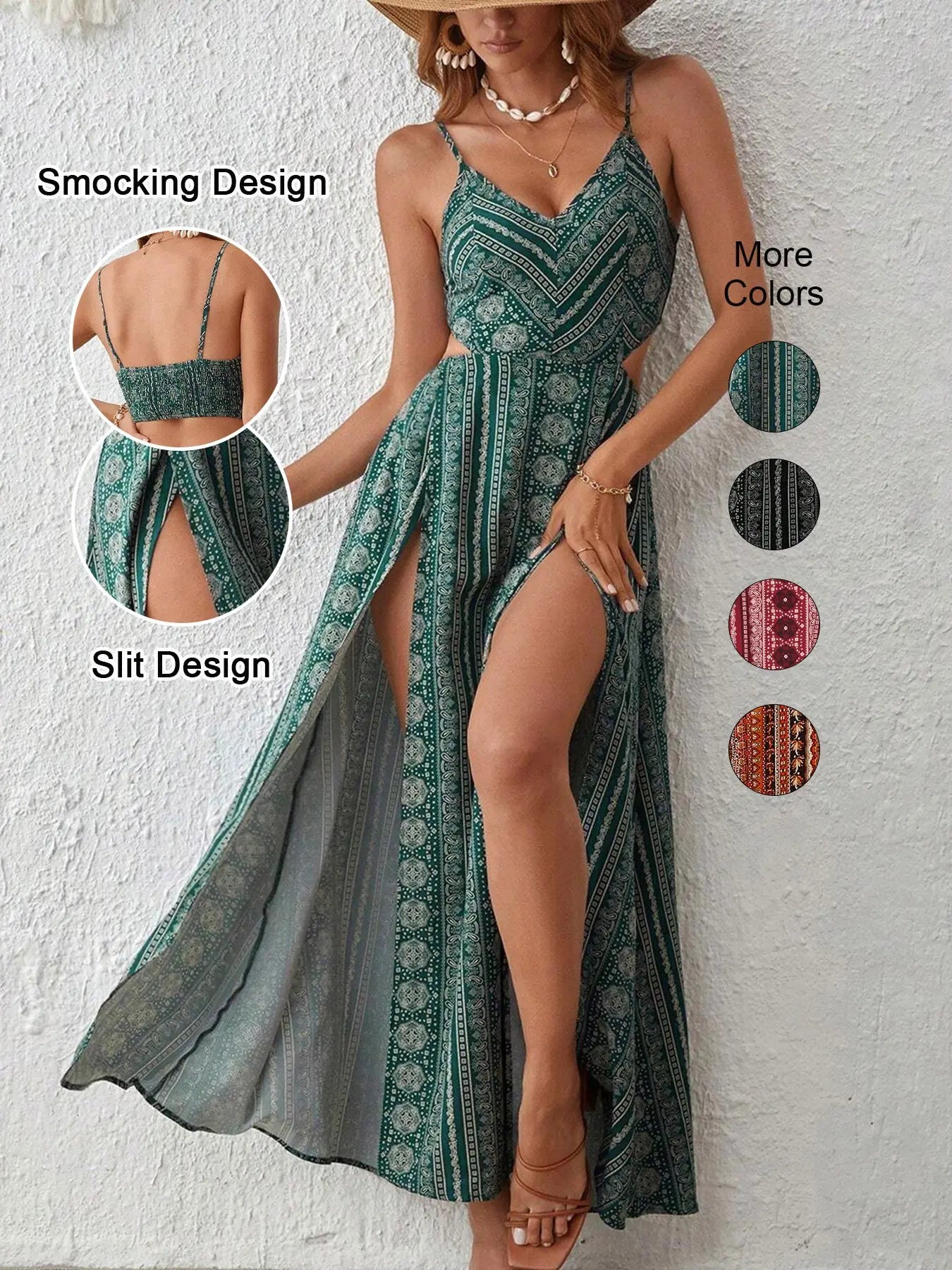 Women'S Boho Striped Bodycon Dress, Slit Thigh Backless Spaghetti Strap Sleeveless Fitted, Perfect for Beach Vacation & Layering, Casual Wear