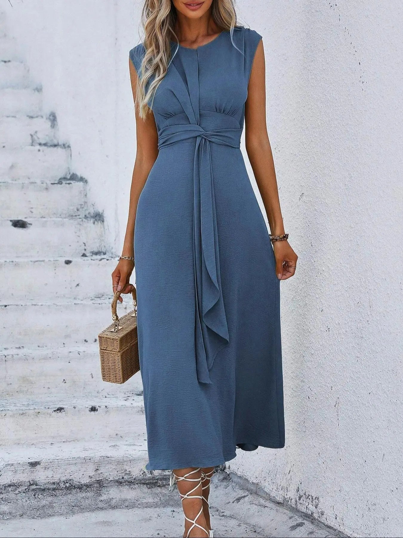 Women'S Sleeveless round Neck Plain Waist-Cinched A-Line Dress with Slimming Front Design and Elegance, Perfect for Daily Commute