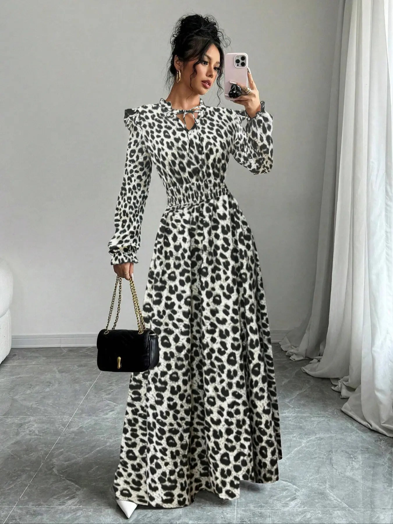 Women'S Floral Print Self-Belted Neck Dress, Spring & Fall Long Sleeve A-Line Maxi Skirt, Boho Elegance Style, Slimming Set