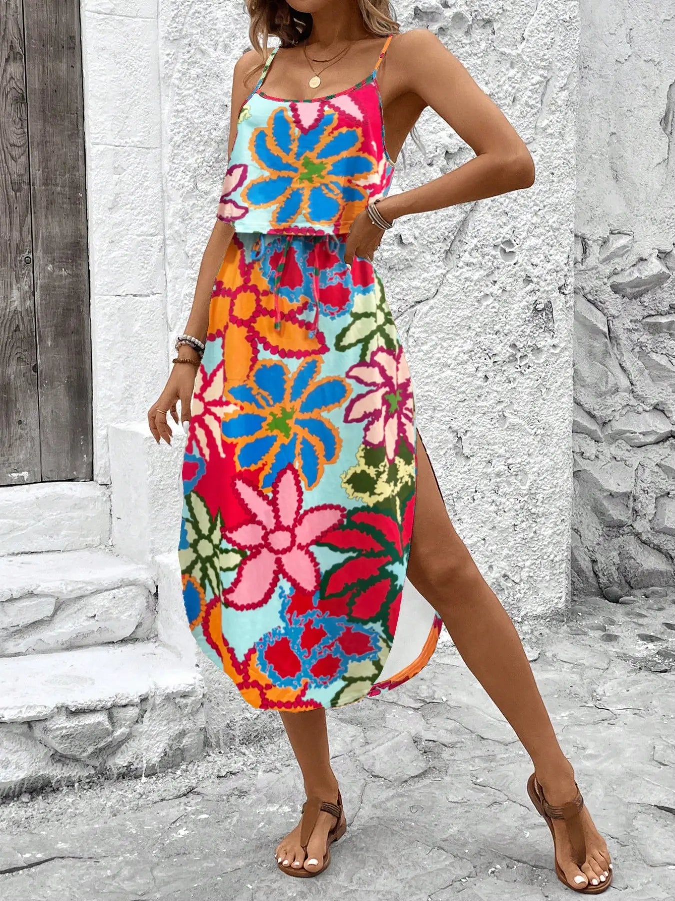 Women'S Summer Tie-Dye Sleeveless Dress, Split Thigh Fitted Long Dress, Casual Style Vacation, Multicolor Floral Print, Womenswear