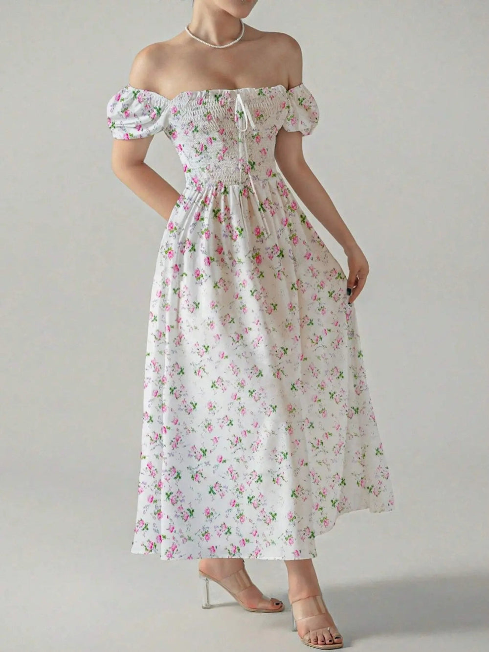 Women'S Spring Summer Floral Print Puff Sleeve Dress with Bow Tie, Elegant Fitted Design with Adjustable Square Neck, Long Princess Skirt Womenswear