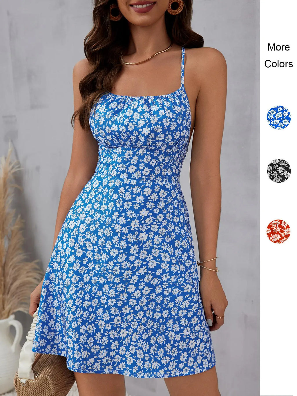 Women'S Ditsy Floral Print Criss Cross Tie Sleeveless Backless Cami Dress, Boho Fashion Spaghetti Strap a Line Short Dress for Beach Holiday Vacation, Ladies Summer Clothes, Bohemian Casual Womenswear