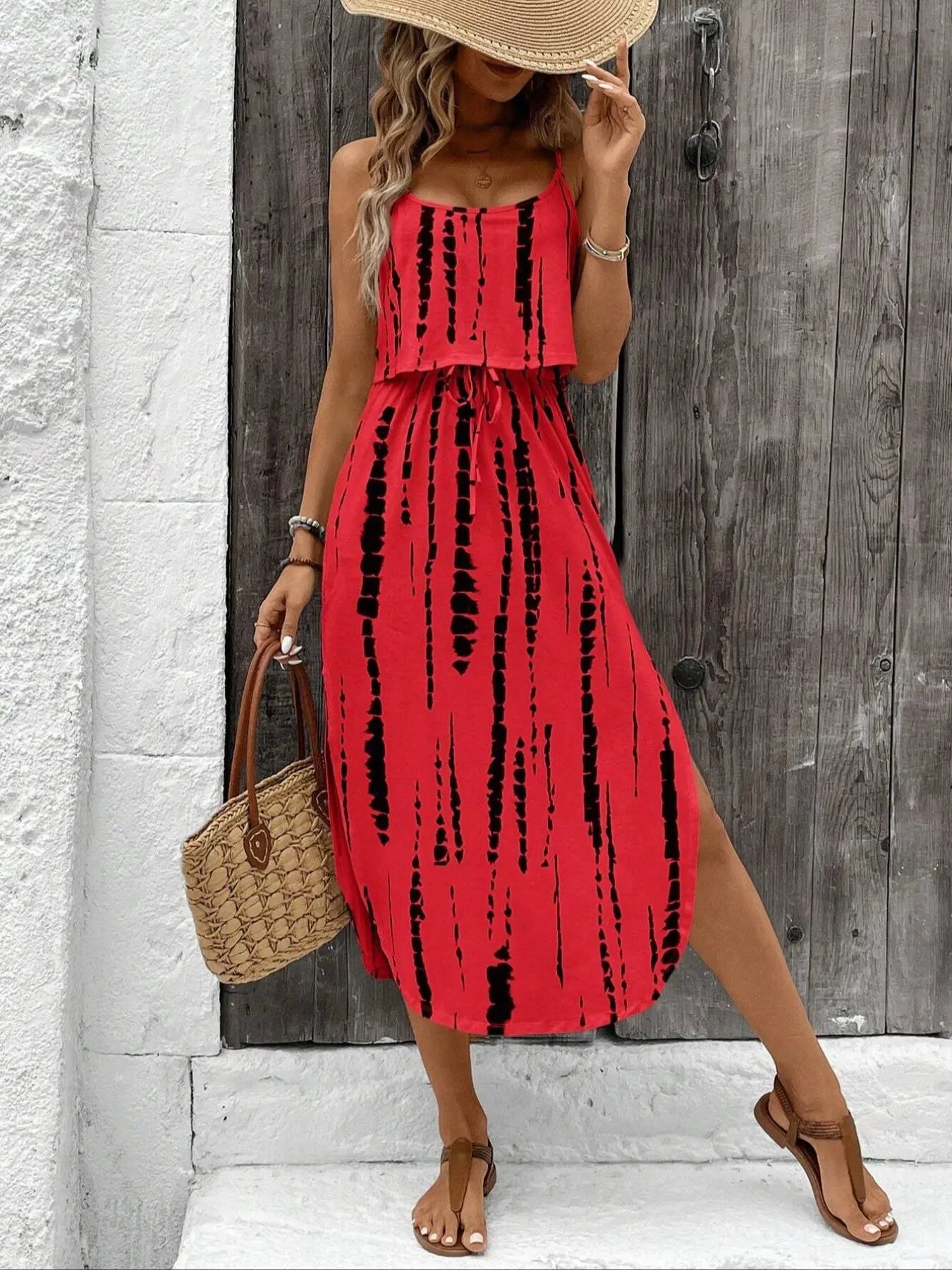 Women'S Summer Tie-Dye Sleeveless Dress, Split Thigh Fitted Long Dress, Casual Style Vacation, Multicolor Floral Print, Womenswear