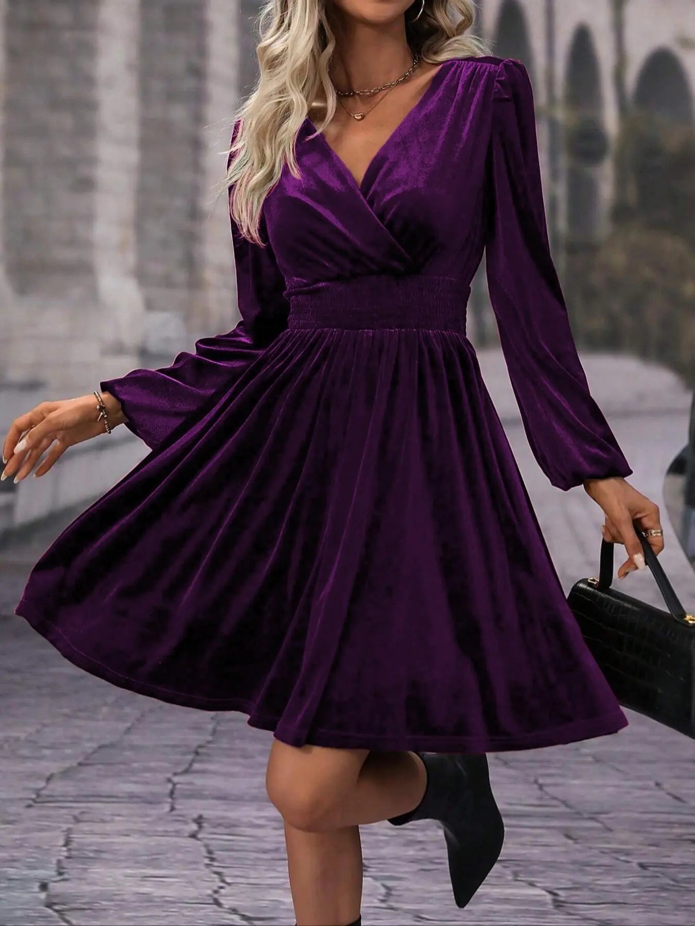 Women'S Velvet Satin Dress, Waist Cinched Lantern Sleeves, Slimming Design, Chic, Party Wear, High-End Feel, Spring & Fall Fashion