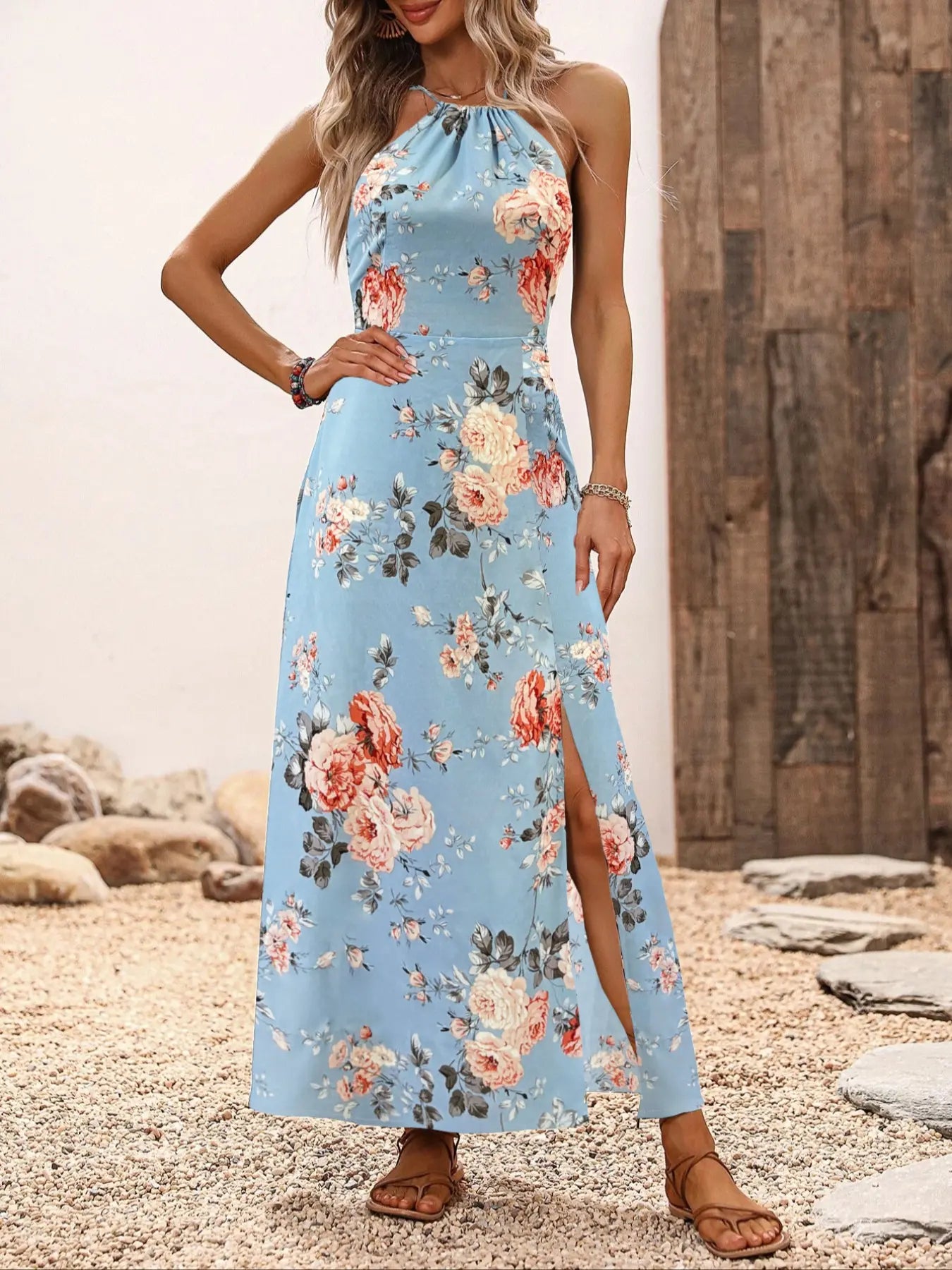 Women'S Floral Print Split Thigh Halter Dress, Elegant Boho Style Tie Back Design Long Dress for Spring Summer Fall, Bohemian
