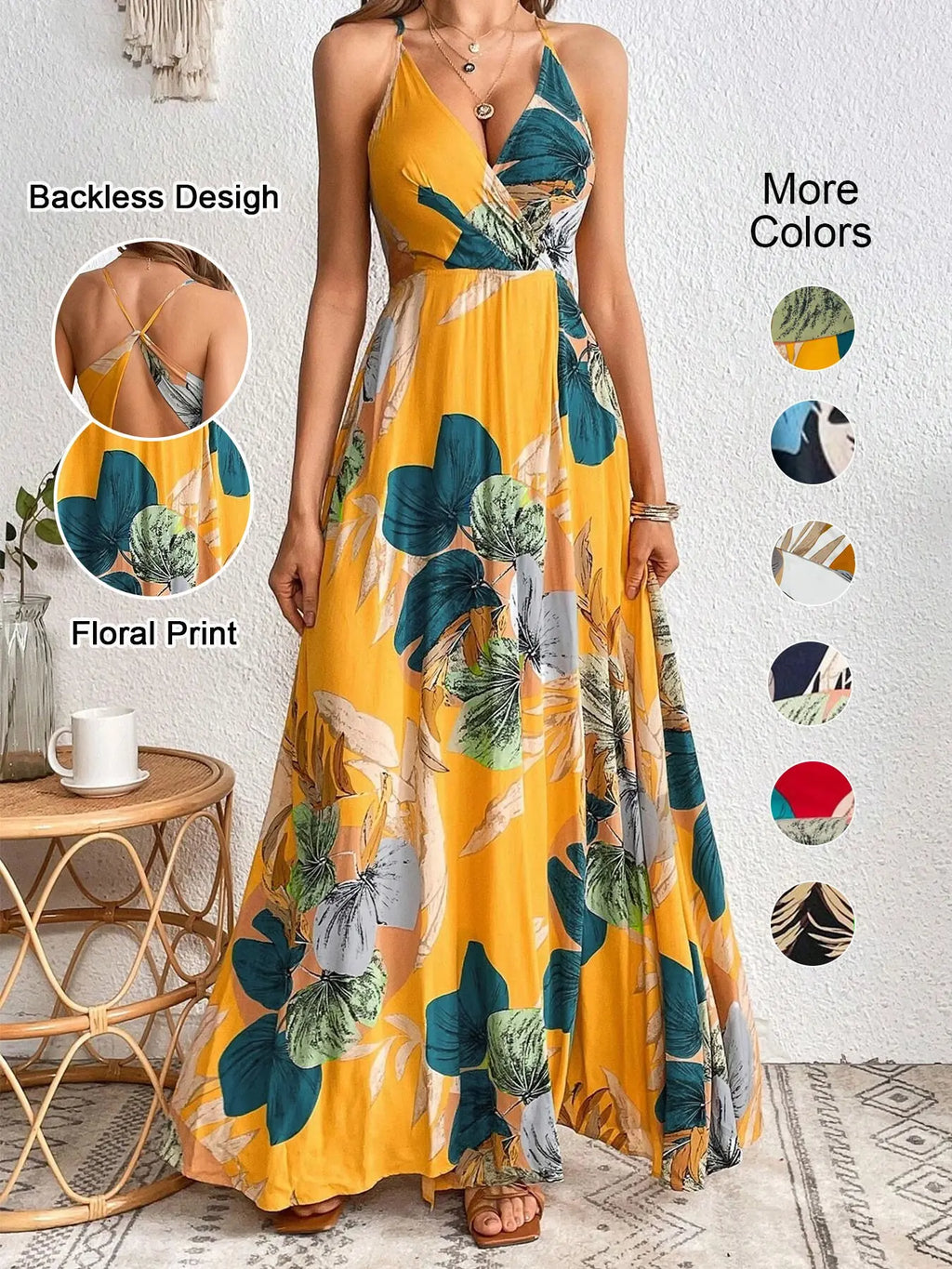 Women'S Tropical Print Split Thigh Dress, Backless Hollow Out Design, Summer Vacation Perfect, Fitted Sleeveless Bohemian Boho Style