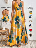 Women'S Tropical Print Split Thigh Dress, Backless Hollow Out Design, Summer Vacation Perfect, Fitted Sleeveless Bohemian Boho Style
