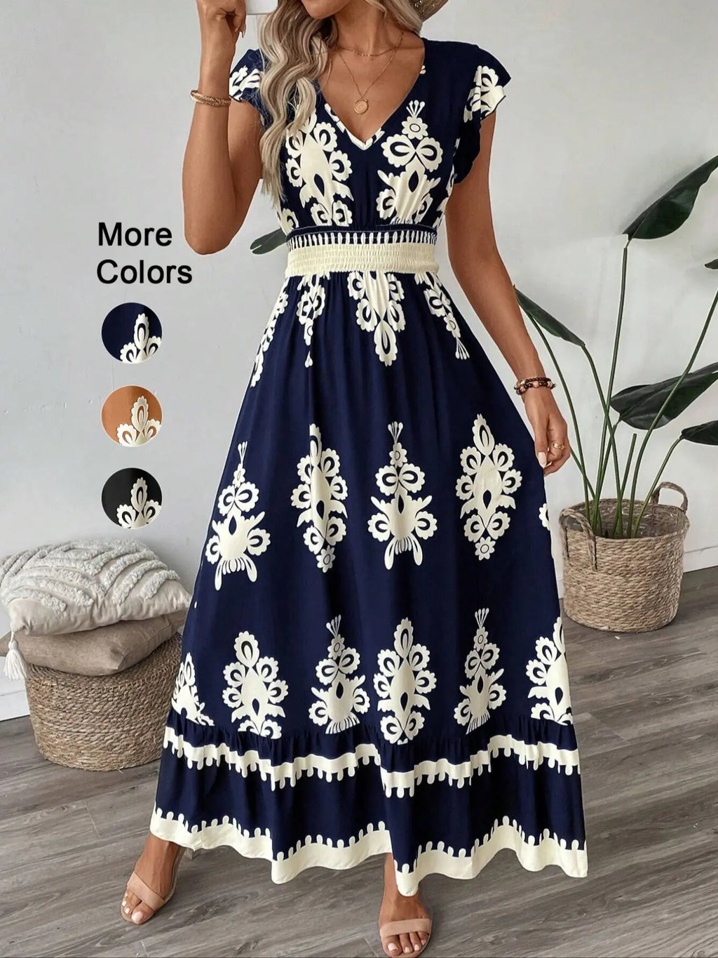 Women'S V Neck Ruffle Hem A-Line Dress, Fitted, Elegant All over Print, Elastic Waist, Moderate Woven Fabric, Casual Vacation Wear