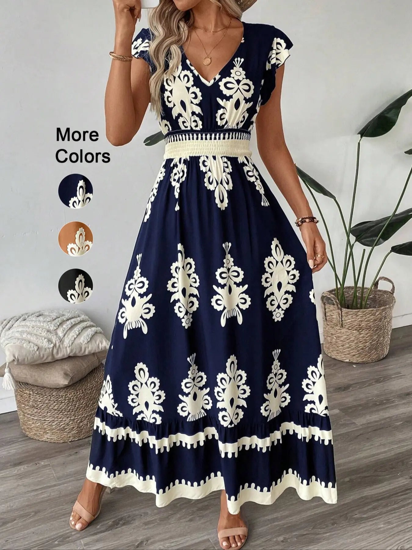 Women'S V Neck Ruffle Hem A-Line Dress, Fitted, Elegant All over Print, Elastic Waist, Moderate Woven Fabric, Casual Vacation Wear