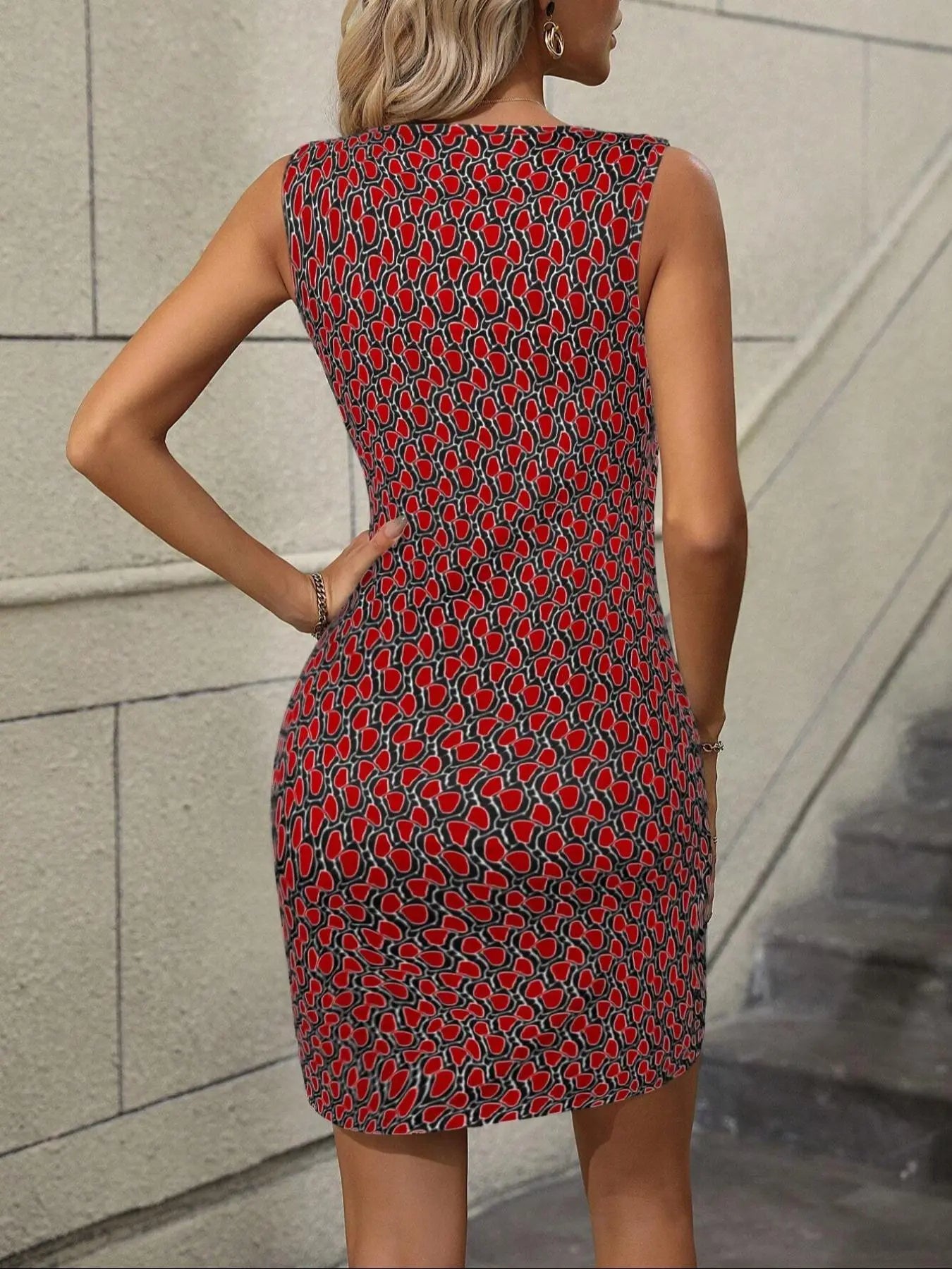 Women'S Spring Summer Geometric Print Ruched Sleeveless Dress, Casual Classy Dress, Slim Fit Side Faux Button Design, Party High-End Short Skirt